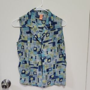 Allison Taylor Blue and Green Geometric Print Blouse